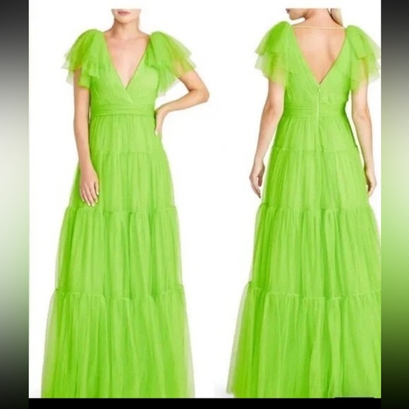 NWT MONIQUE LHUILLIER Halcyon Neon Green Tulle Maxi 4